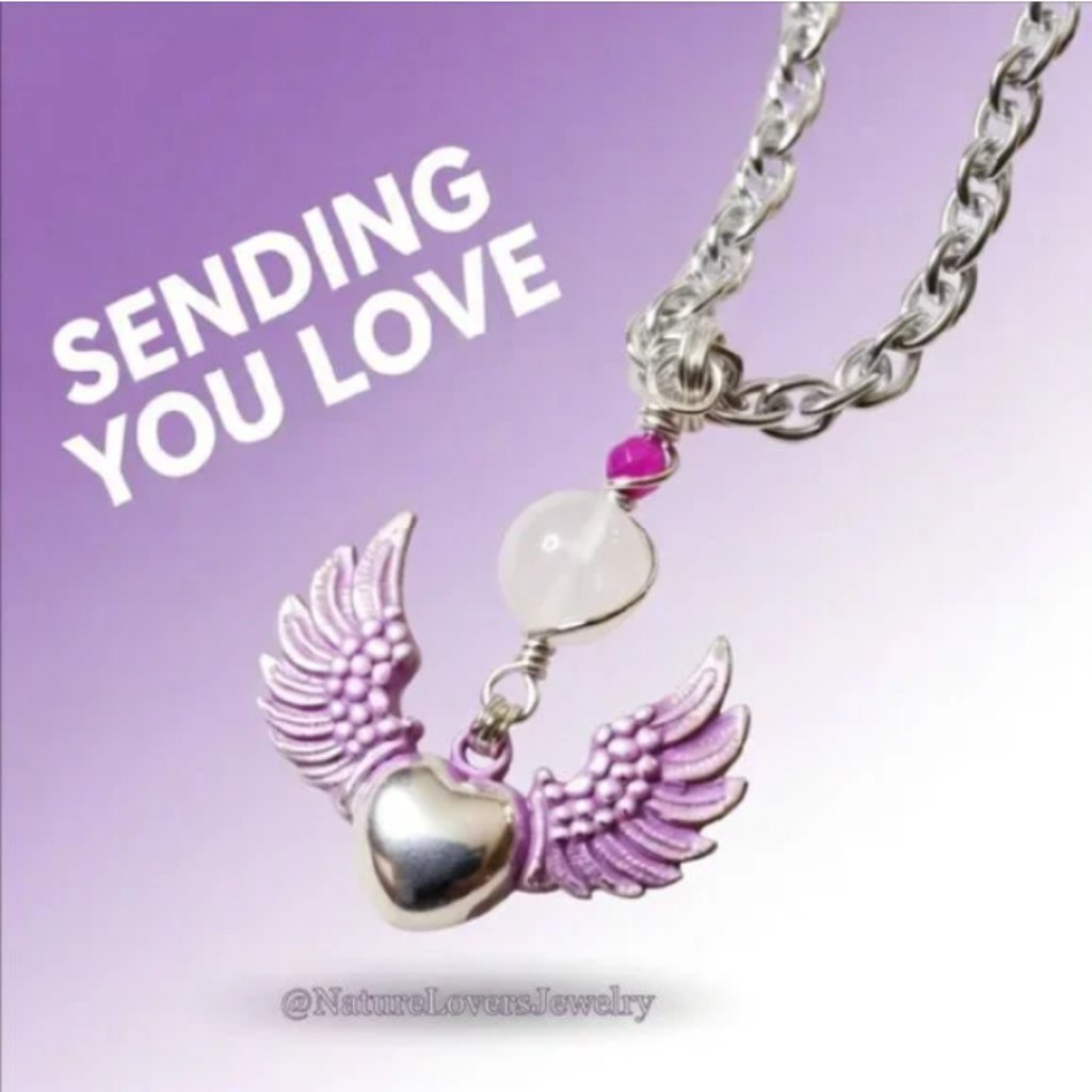 Winged Heart Clear Quartz Necklace Patina Pink Only One Left Mothers Day 35$